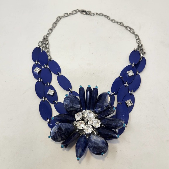 Ann Taylor Loft Blue Stone Metal Silver Tone Chain Statement Necklace Flower - Picture 2 of 6